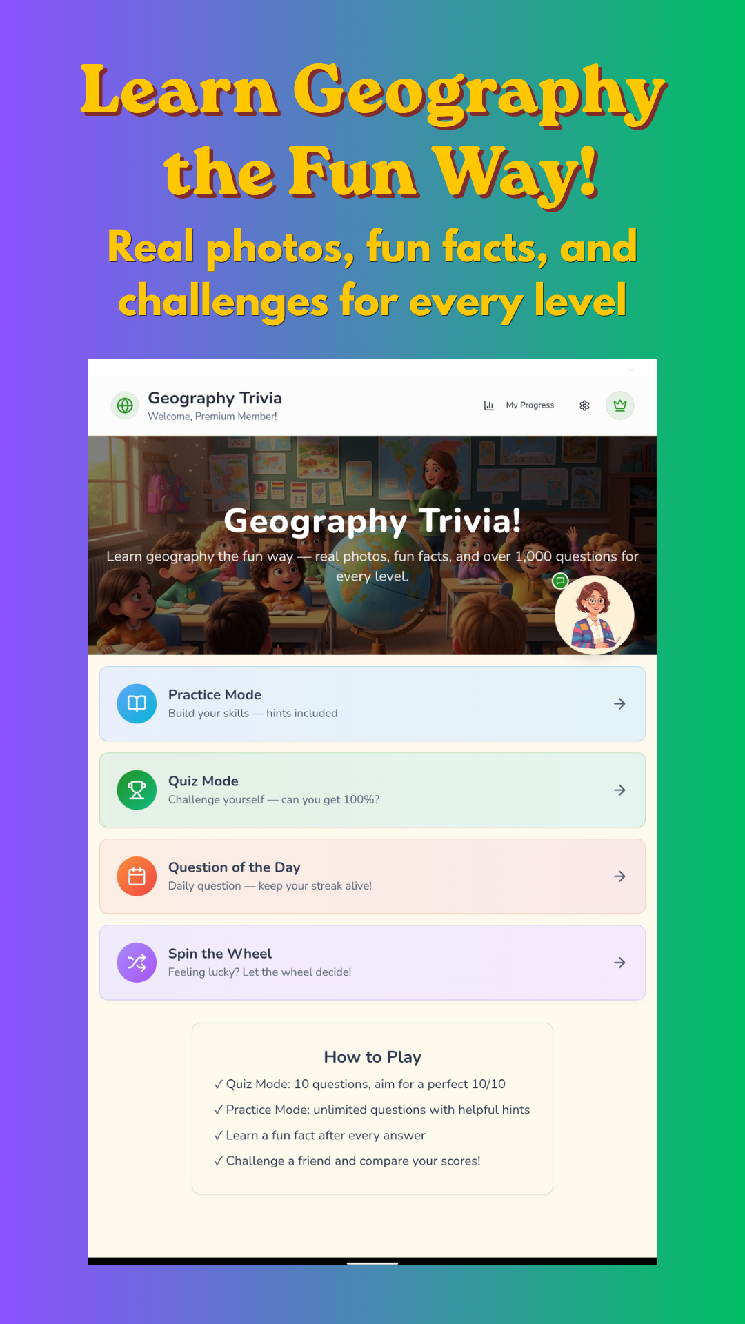 Geography Trivia home screen